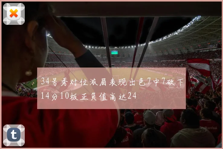 34号秀对位浓眉表现出色7中7砍下14分10板正负值高达24